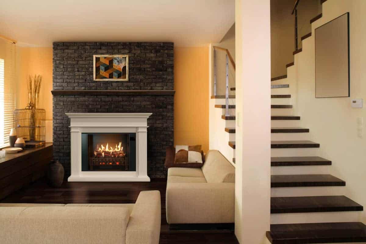 Morpheus white electric fireplace with realistic flames in living room