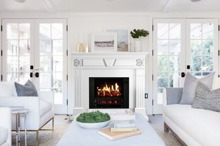 white electric fireplace with mantel