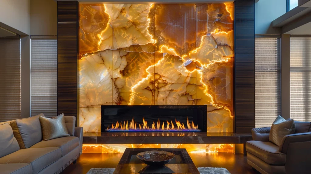 Backlit Onyx Stone Fireplace Wall