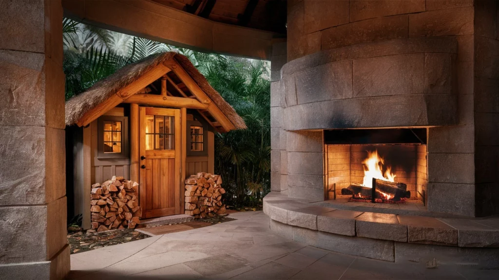 Outdoor Wood Fireplace and Firewood Storage